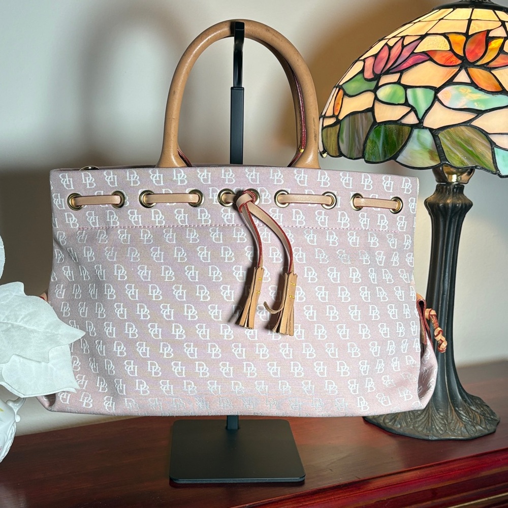 DB Pattern Pink Tote Bag with Tan Handles